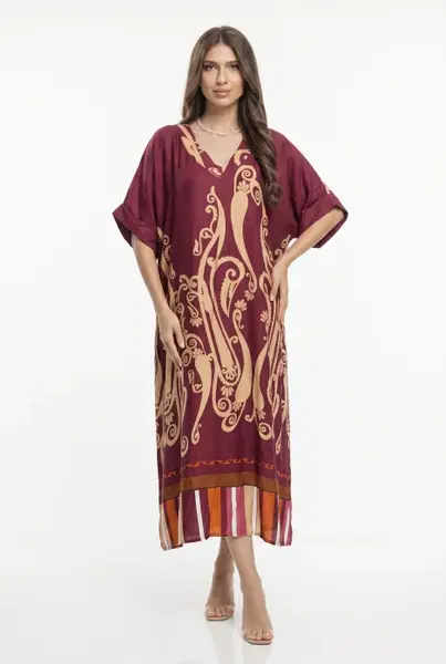 Rochie lunga oversize din vascoza si matase cu imprimeu baroc si croi lejer, bordo