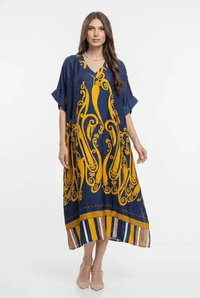 Rochie lunga oversize din vascoza si matase cu imprimeu baroc si croi lejer, bleumarin