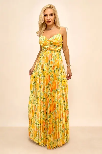 Rochie lunga plisata NYSA, cupe buretate si legare spate, Galben Hortensia, Marime S/M