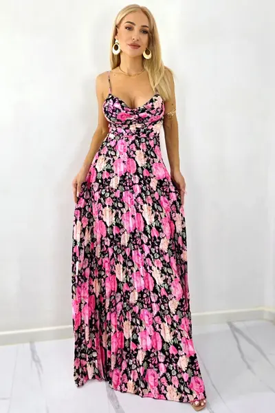 Rochie lunga plisata NYSA, cupe buretate si legare spate, Negru-Roz, Marime S/M