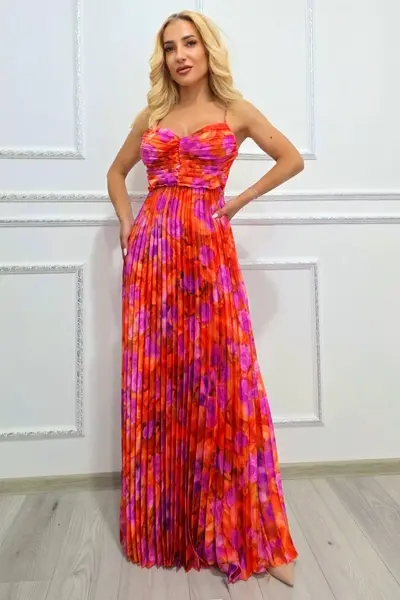 Rochie lunga plisata NYSA, cupe buretate si legare spate, Orange Hortensia, Marime S/M