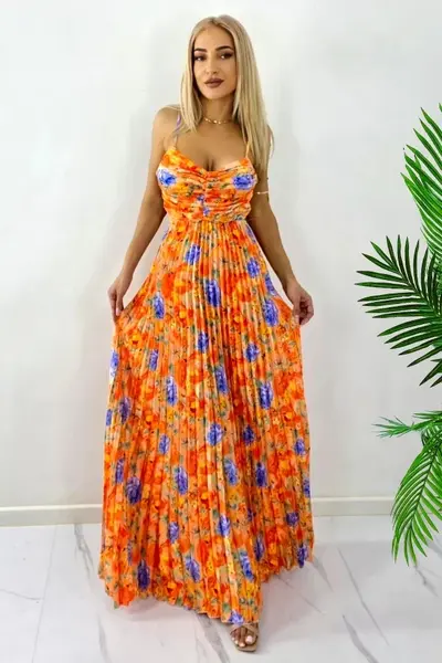 Rochie lunga plisata NYSA, cupe buretate si legare spate, Portocaliu, Marime S/M