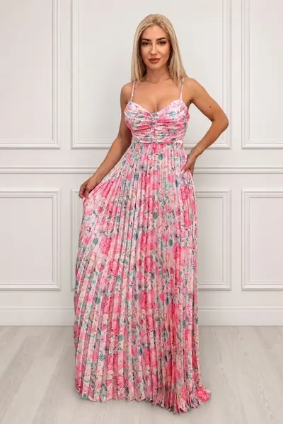 Rochie lunga plisata NYSA, cupe buretate si legare spate, Roz Hortensia, Marime S/M