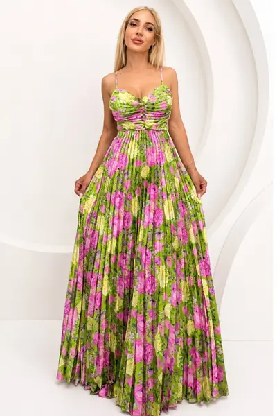 Rochie lunga plisata NYSA, cupe buretate si legare spate, Verde Olive, Marime S/M