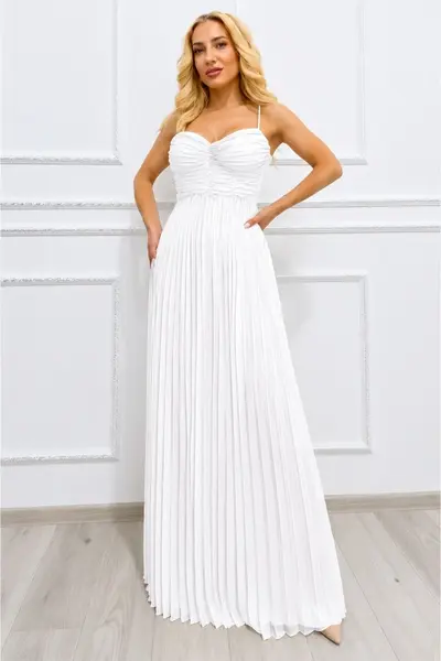 Rochie lunga plisata NYSA UNI, cu legare la spate, Alb, Marime S/M