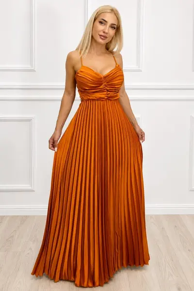 Rochie lunga plisata NYSA UNI, cu legare la spate, ARAMIU, Marime S/M