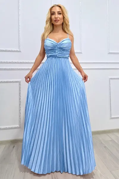 Rochie lunga plisata NYSA UNI, cu legare la spate, Baby Blue, Marime S/M