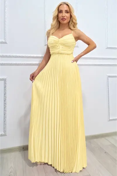 Rochie lunga plisata NYSA UNI, cu legare la spate, Galben, Marime S/M
