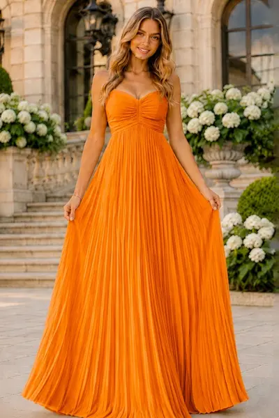 Rochie lunga plisata NYSA UNI, cu legare la spate, Orange, Marime S/M