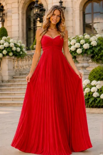 Rochie lunga plisata NYSA UNI, cu legare la spate, Rosu, Marime S/M