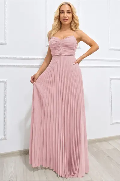 Rochie lunga plisata NYSA UNI, cu legare la spate, Roz, Marime S/M
