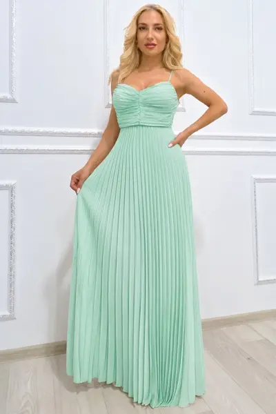 Rochie lunga plisata NYSA UNI, cu legare la spate, Verde Fistic, Marime S/M