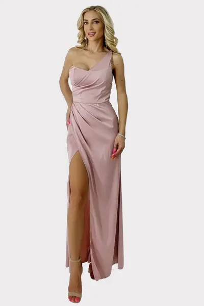 Rochie lunga Sharron, cu slit amplu pe picior si bretea pe un umar, Roz deschis, Masura S/M