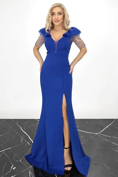 Rochie lunga, siraguri din cristale Valerina cu trena, Albastru, Marime S/M
