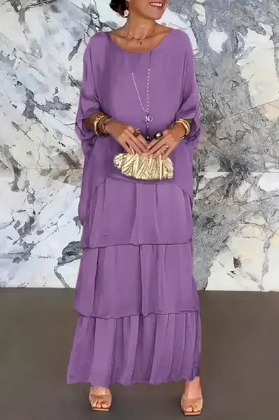 Rochie lunga suprapusa din matase si vascoza, cu trei volane mari si maneca cazuta, mov deschis