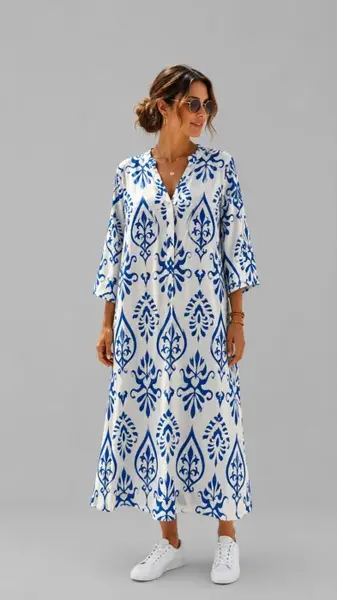 Rochie lunga vaporoasa cu imprimeu mediteranean si nasturi, alb-bleumarin