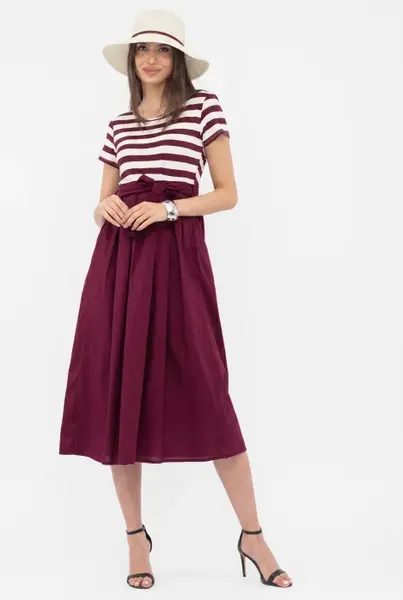 Rochie marinar din tricot cu dungi si poplin de bumbac, bordo