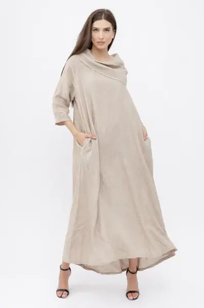 Rochie maxi, A-line, din in, cu guler amplu, bej