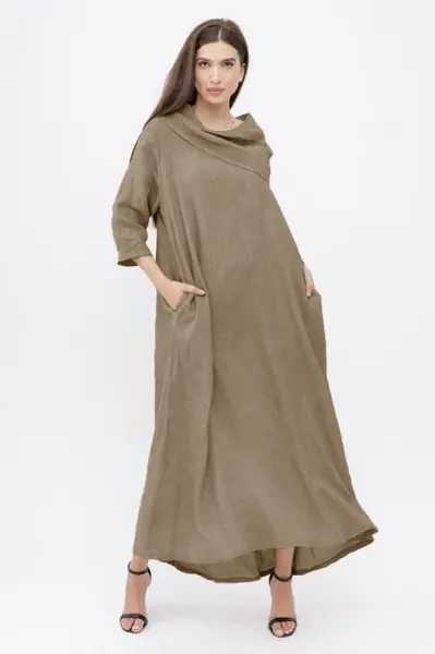 Rochie maxi, A-line, din in, cu guler amplu, bej inchis