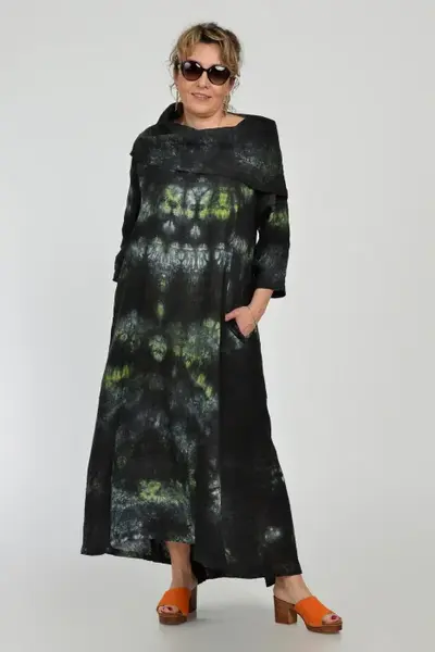 Rochie maxi, A-line, din in, cu guler amplu, cu imprimeu boem tie-dye negru