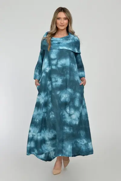 Rochie maxi, A-line, din in, cu guler amplu, cu imprimeu boem tie-dye turcoaz