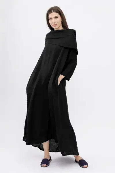 Rochie maxi, A-line, din in, cu guler amplu, negru