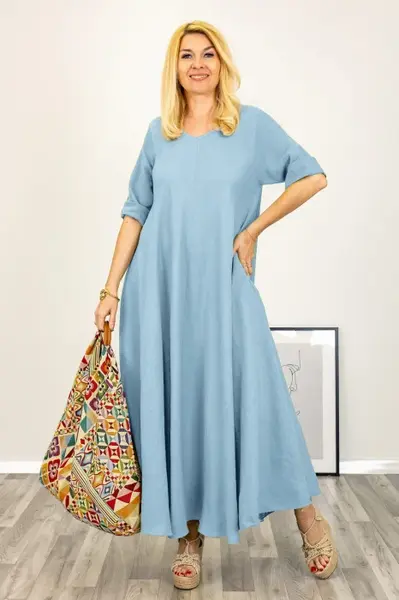 Rochie maxi din in, ampla cu decolteu pe fata si spate, bleu