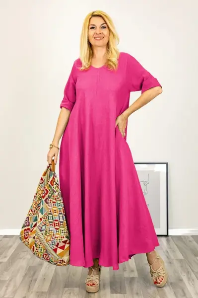 Rochie maxi din in, ampla cu decolteu pe fata si spate, fucsia