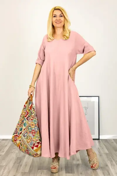 Rochie maxi din in, ampla cu decolteu pe fata si spate, roz prafuit