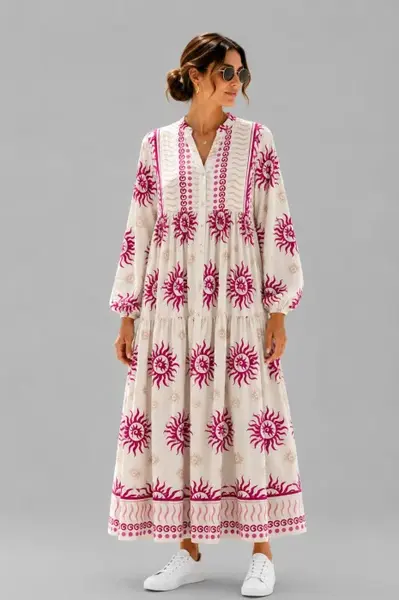 Rochie maxi din vascoza cu imprimeu solar si inspiratie boho, alb-fucsia