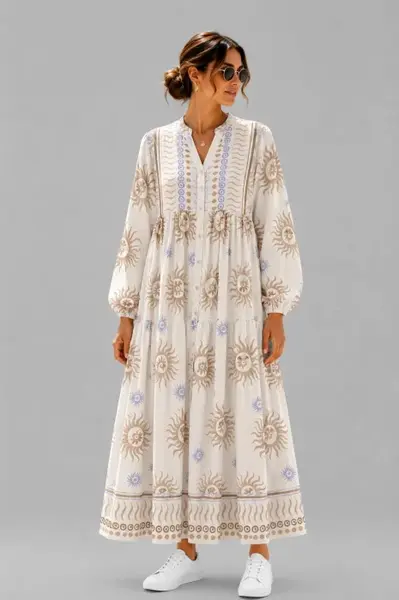 Rochie maxi din vascoza cu imprimeu solar si inspiratie boho, alb-bej