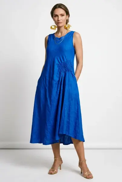 Rochie midi, asimetrica, din in, cu croiala ampla A-line si detaliu drapat, albastru electric