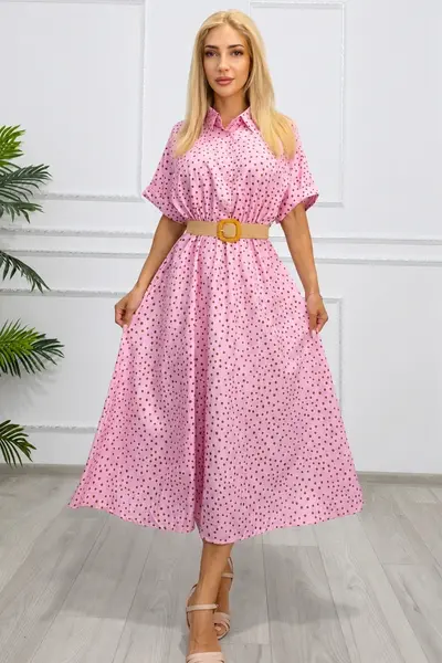 Rochie midi casual EVELISSE, cu buline și curea texturată, Roz, Marime S/M