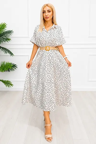 Rochie midi casual EVELISSE, cu guler camasa și curea texturată, Alb, Marime S/M
