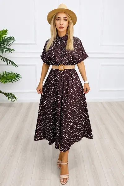 Rochie midi casual EVELISSE, cu guler camasa și curea texturată, Maro Ciocolata, Marime S/M