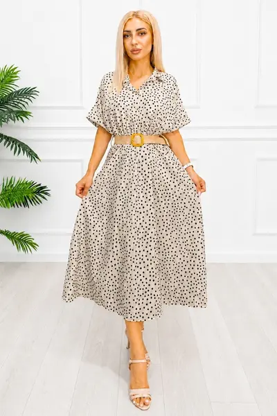 Rochie midi casual EVELISSE, cu guler camasa și curea texturată, Crem, Marime S/M