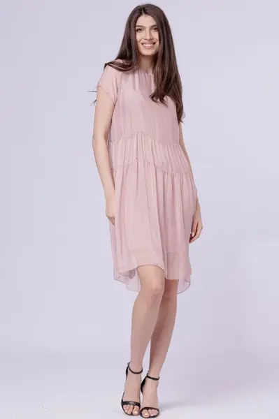 Rochie midi cu volan, din matase si vascoza roz prafuit