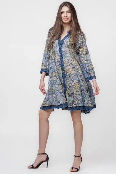 Rochie midi, cu volane, din batist de bumbac, cu imprimeu bleumarin-kaki