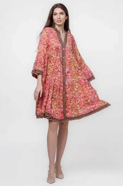 Rochie midi, cu volane, din batist de bumbac, cu imprimeu corai