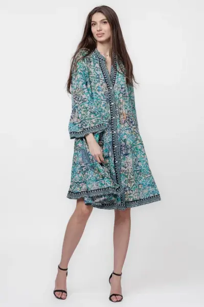 Rochie midi, cu volane, din batist de bumbac, cu imprimeu turcoaz