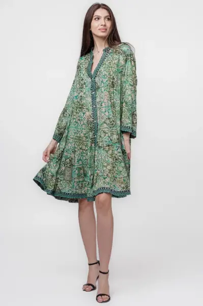 Rochie midi, cu volane, din batist de bumbac, cu imprimeu verde