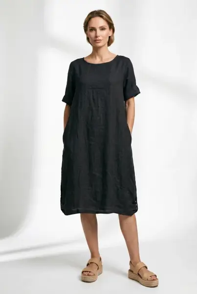 Rochie midi din in cu croiala lejera si prinderi laterale, neagra
