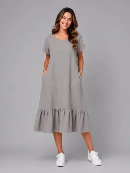 Rochie midi din in cu funda pe spate si volan amplu din batist, bej inchis