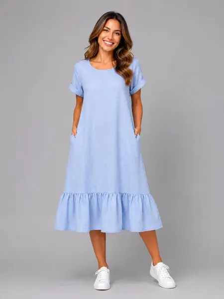 Rochie midi din in cu funda pe spate si volan amplu din batist, bleu
