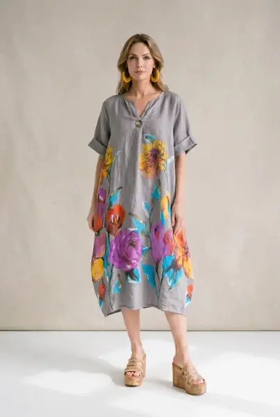 Rochie midi din in cu imprimeu floral colorat si croi balon, bej inchis