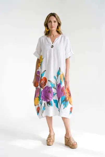 Rochie midi din in cu imprimeu floral colorat si croi balon, alba
