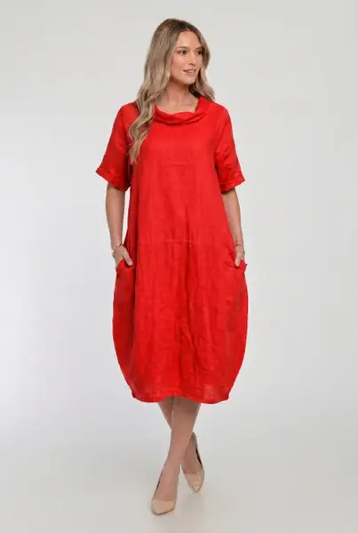 Rochie midi din in, lejera, croi lalea, oversized, rosie