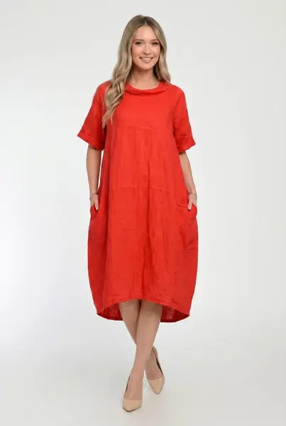 Rochie midi din in, lejera, croi lalea, oversized, rosu tangerine