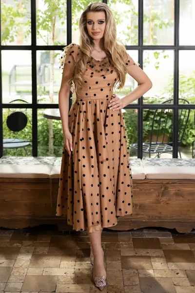Rochie midi din Tulle si Satin, Bianca, Bej