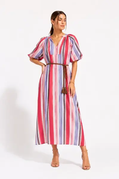 Rochie midi din vascoza cu imprimeu in dungi si maneci bufante rosu roz